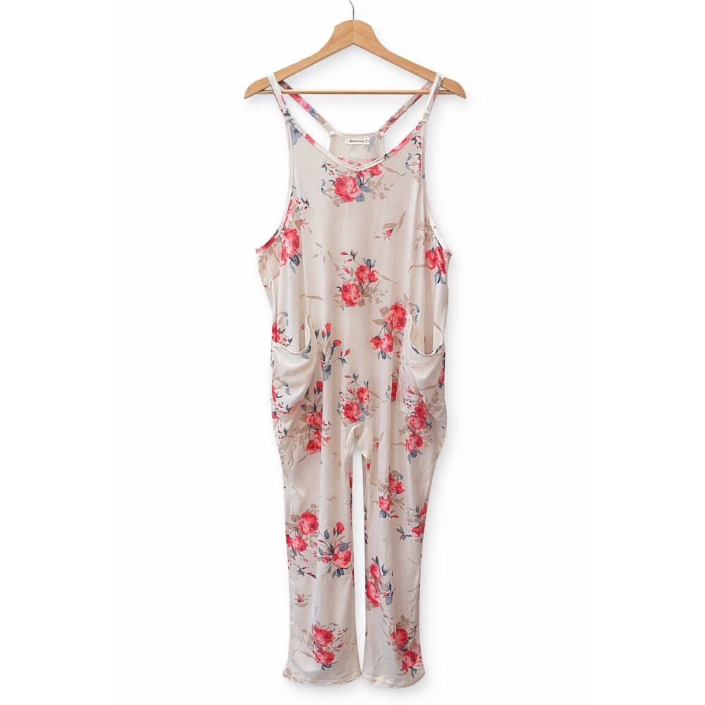 Boho Floral Romper XL Cream Pink Coquette Sleeveless Pocket Cottagecore Spring - Picture 2 of 8